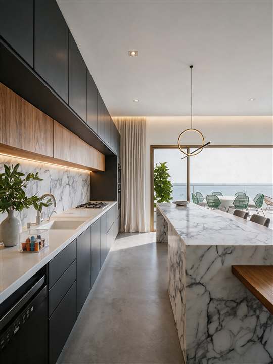Render realista de cozinha com ilha de mármore e marcenaria preta, feito com IA